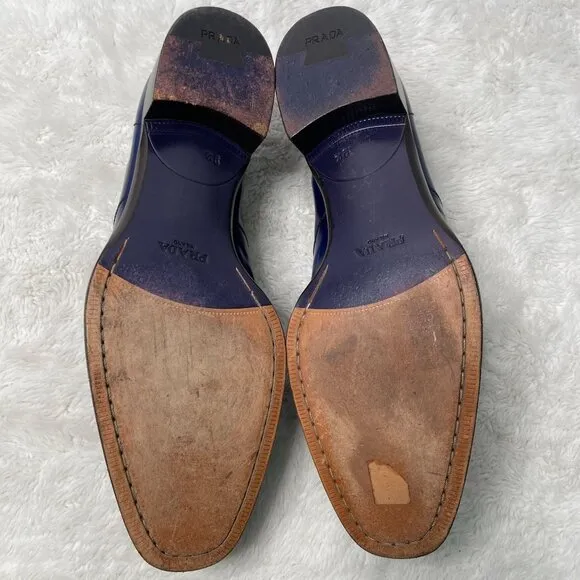 Prada Men's Blue Brown Oxford Perforated Leather Dress Shoes Size 9.5