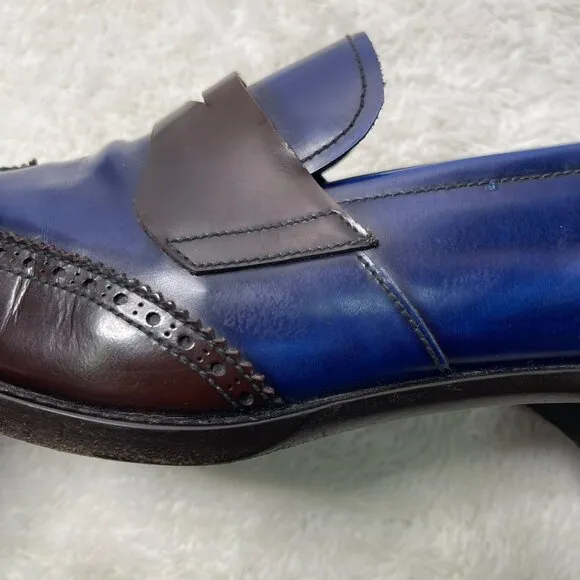 Prada Men's Blue Brown Oxford Perforated Leather Dress Shoes Size 9.5