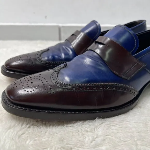 Prada Men's Blue Brown Oxford Perforated Leather Dress Shoes Size 9.5
