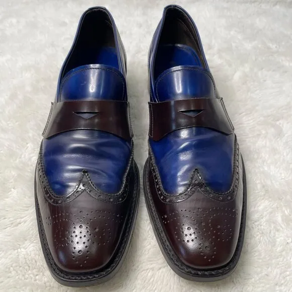 Prada Men's Blue Brown Oxford Perforated Leather Dress Shoes Size 9.5