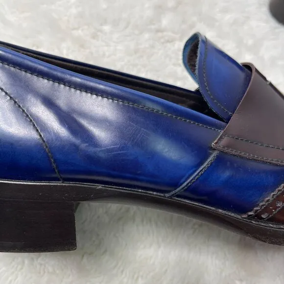 Prada Men's Blue Brown Oxford Perforated Leather Dress Shoes Size 9.5