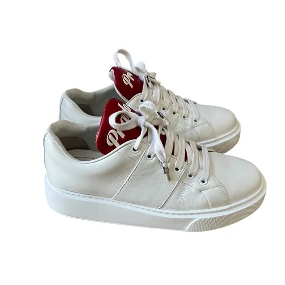 Prada Size 39 White Leather Sneakers Platform Double Wheel Red Tongue Shoes