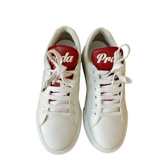 Prada Size 39 White Leather Sneakers Platform Double Wheel Red Tongue Shoes