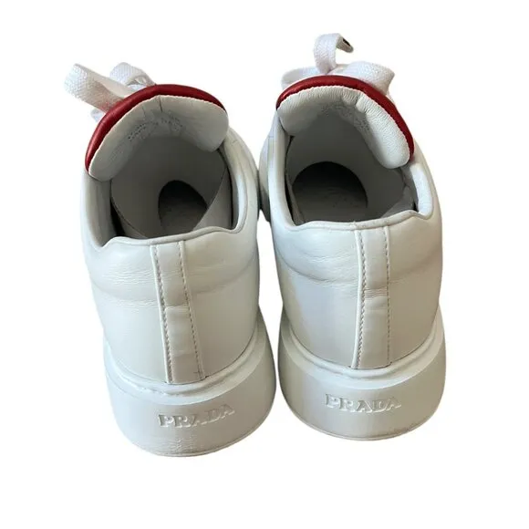 Prada Size 39 White Leather Sneakers Platform Double Wheel Red Tongue Shoes