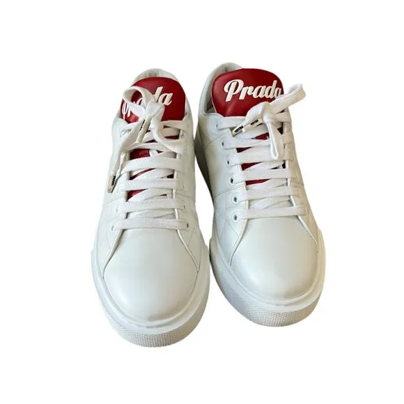 Prada Size 39 White Leather Sneakers Platform Double Wheel Red Tongue Shoes