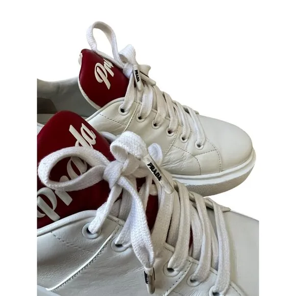 Prada Size 39 White Leather Sneakers Platform Double Wheel Red Tongue Shoes