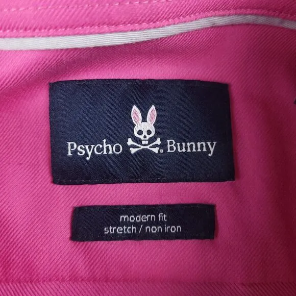 Psycho Bunny 16.5 32/33 Modern Fit Stretch Long Sleeve Dress Shirt Pink