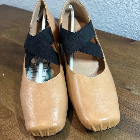 PuDing Block Heel Pumps Elastic Strap Square Toe Tan Shoes size 36