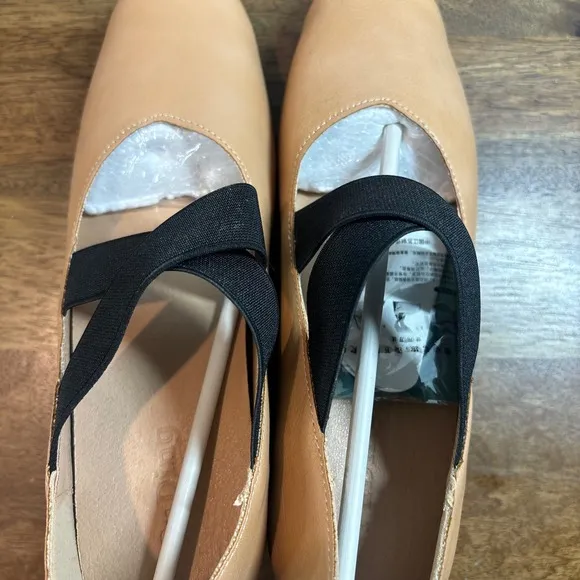 PuDing Block Heel Pumps Elastic Strap Square Toe Tan Shoes size 36