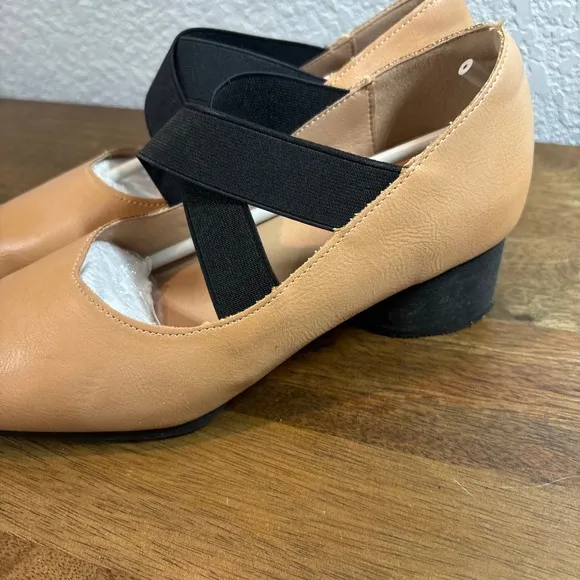PuDing Block Heel Pumps Elastic Strap Square Toe Tan Shoes size 36