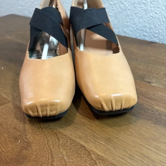 PuDing Block Heel Pumps Elastic Strap Square Toe Tan Shoes size 36