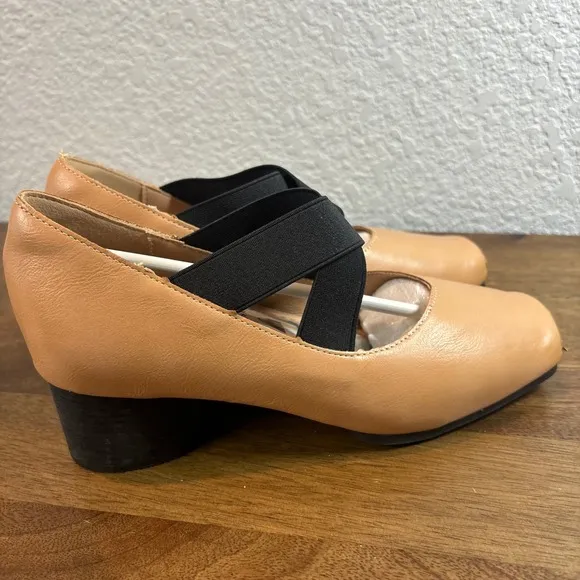 PuDing Block Heel Pumps Elastic Strap Square Toe Tan Shoes size 36