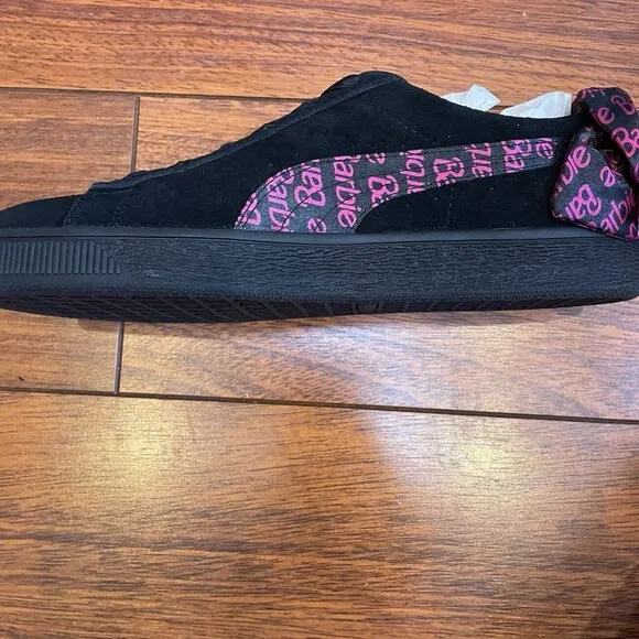 PUMA Barbie Shoes Womens Sz 9.5 Black Pink Suede Satin Bow Classic Sneakers BOX