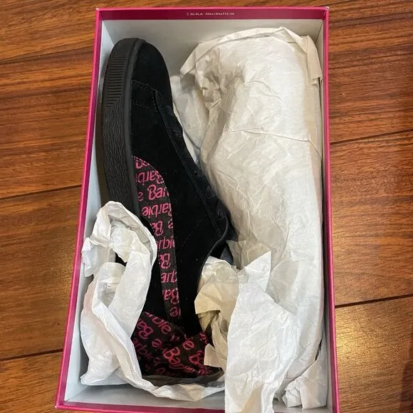 PUMA Barbie Shoes Womens Sz 9.5 Black Pink Suede Satin Bow Classic Sneakers BOX