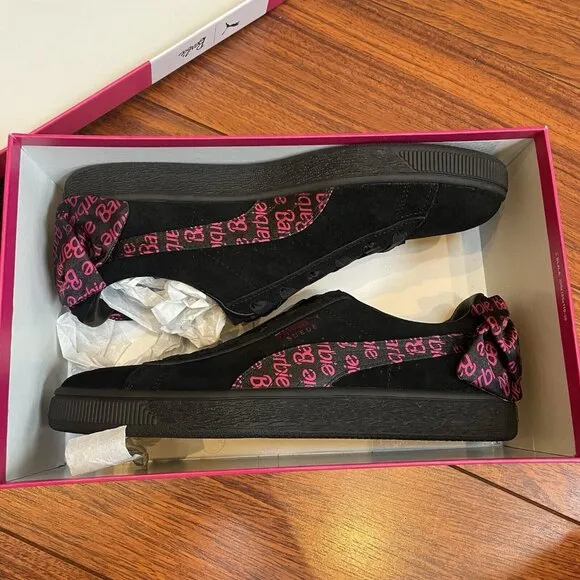 PUMA Barbie Shoes Womens Sz 9.5 Black Pink Suede Satin Bow Classic Sneakers BOX