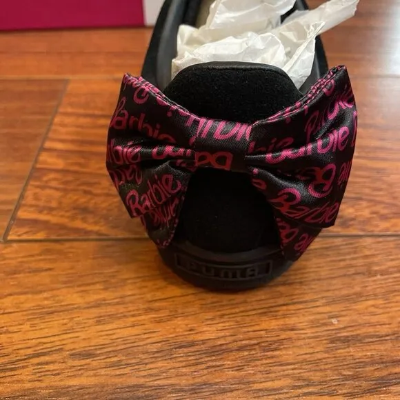 PUMA Barbie Shoes Womens Sz 9.5 Black Pink Suede Satin Bow Classic Sneakers BOX