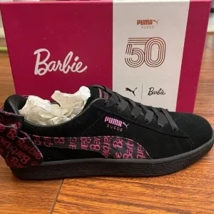 PUMA Barbie Shoes Womens Sz 9.5 Black Pink Suede Satin Bow Classic Sneakers BOX