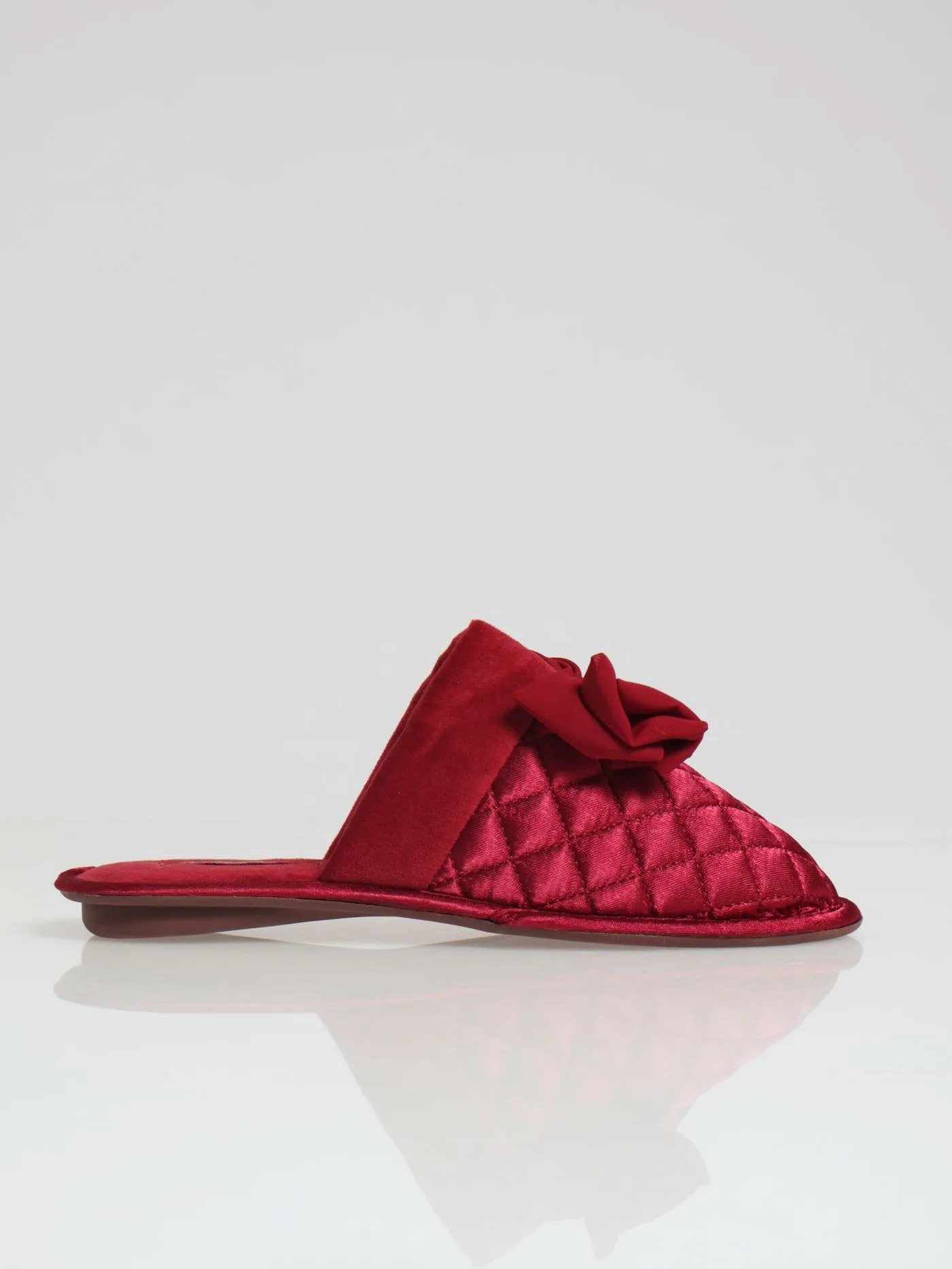 Quilted Closed Toe Slipper With Big Bow & Fur Topline - Wine