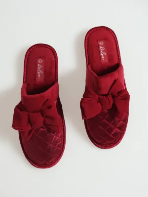 Quilted Closed Toe Slipper With Big Bow & Fur Topline - Wine