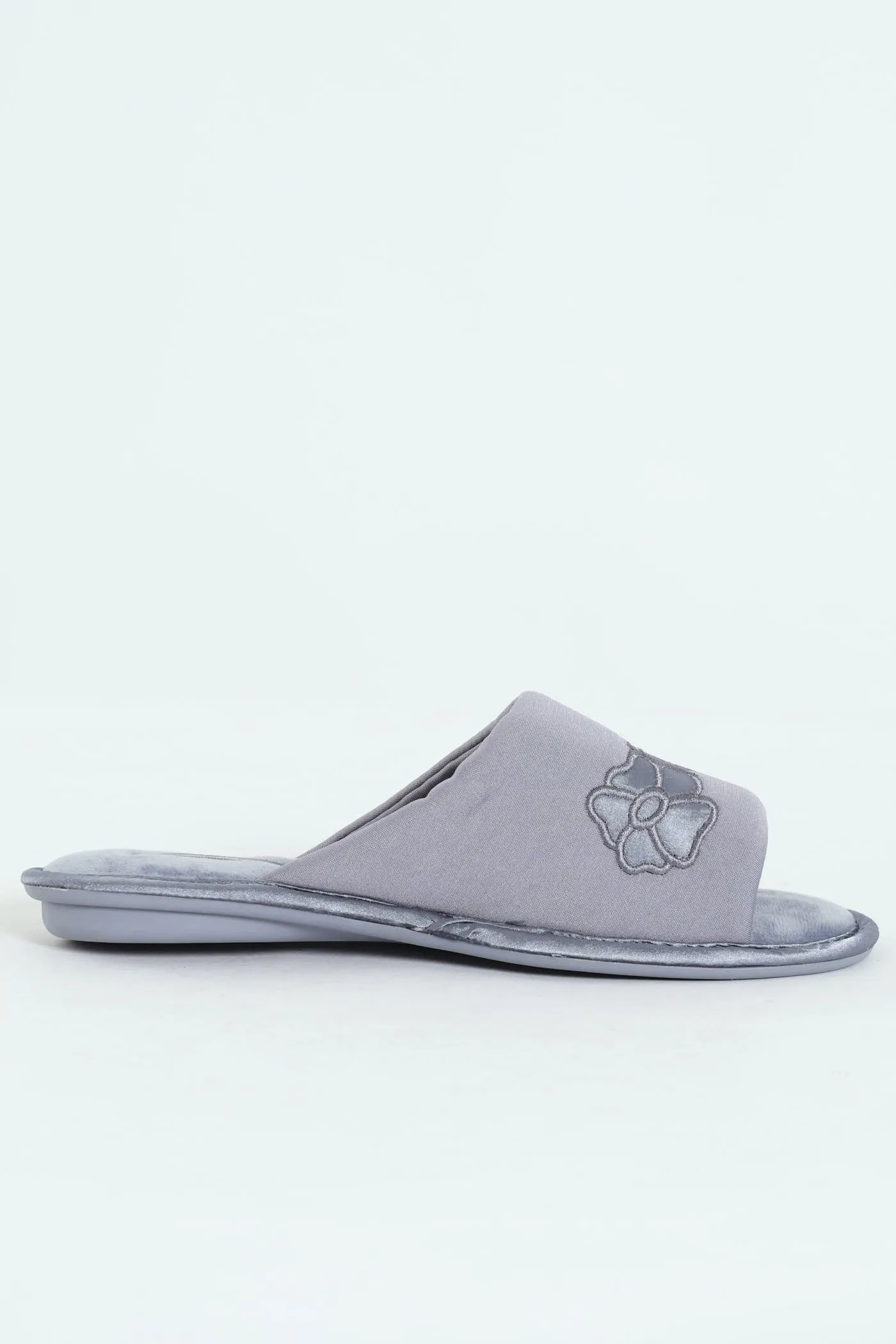 Quilted Open Toe Slipper With Flower Detail - Grey