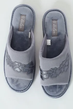 Quilted Open Toe Slipper With Flower Detail - Grey