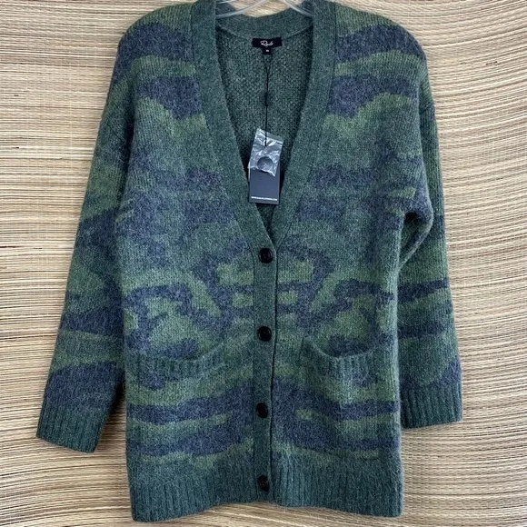 RAILS RUNI CAMOUFLAGE WOOL BLEND CARDIGAN IN GREEN CAMO  Size XS