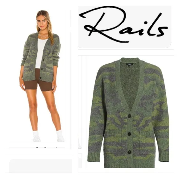 RAILS RUNI CAMOUFLAGE WOOL BLEND CARDIGAN IN GREEN CAMO  Size XS