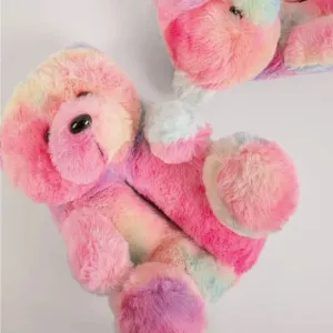 Rainbow bear house slippers home shoes fluffy soft plush cartoon NWT NEW