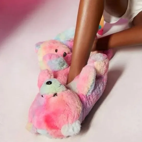 Rainbow bear house slippers home shoes fluffy soft plush cartoon NWT NEW