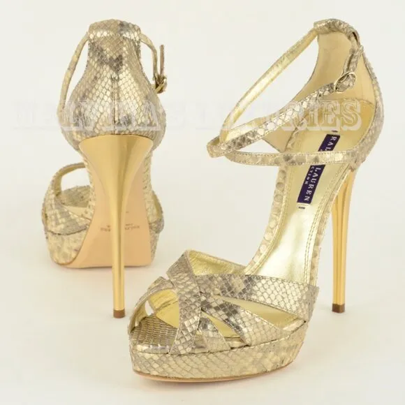 RALPH LAUREN JEANNE SHOES METALLIC REPTILE LEATHER HIGH HEEL PLATFORM SANDALS 10