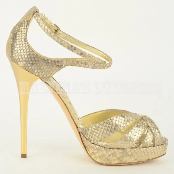 RALPH LAUREN JEANNE SHOES METALLIC REPTILE LEATHER HIGH HEEL PLATFORM SANDALS 10