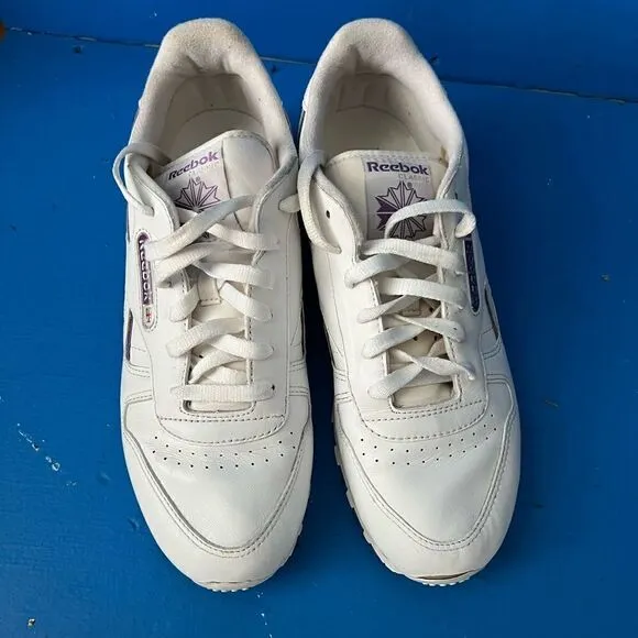 Reebok Classic Shoes RB409 Women White Purple Accent Leather Sneakers Sz 10