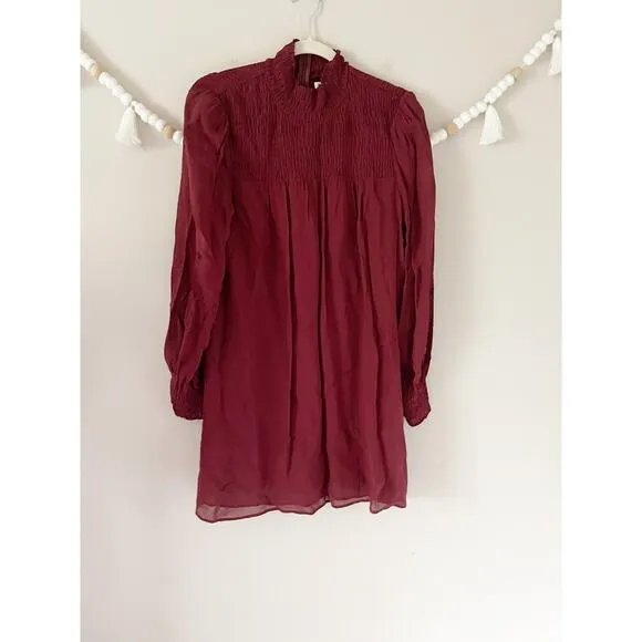 Reformation Brandi Smocked Mini Dress Relaxed Fit Chiffon Plum Burgundy Sz Large