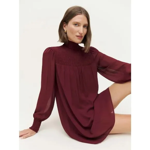 Reformation Brandi Smocked Mini Dress Relaxed Fit Chiffon Plum Burgundy Sz Large