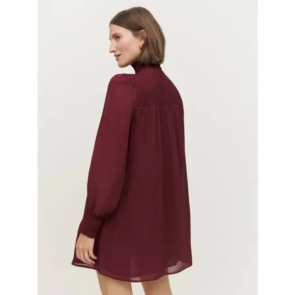 Reformation Brandi Smocked Mini Dress Relaxed Fit Chiffon Plum Burgundy Sz Large