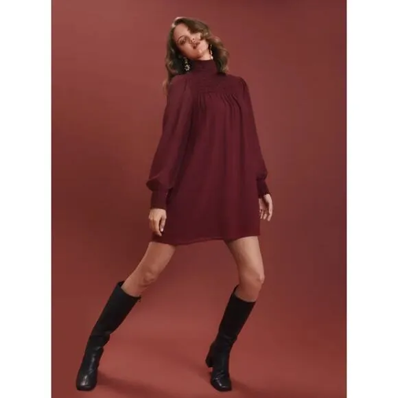 Reformation Brandi Smocked Mini Dress Relaxed Fit Chiffon Plum Burgundy Sz Large
