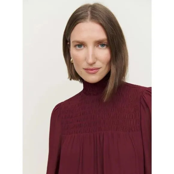 Reformation Brandi Smocked Mini Dress Relaxed Fit Chiffon Plum Burgundy Sz Large