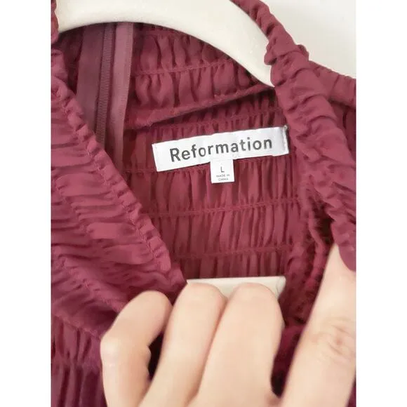 Reformation Brandi Smocked Mini Dress Relaxed Fit Chiffon Plum Burgundy Sz Large