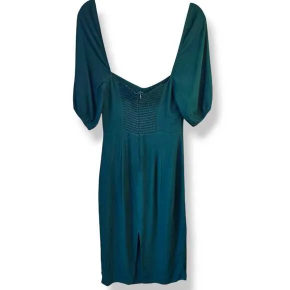 Reformation Squared Neck Puff Sleeve Midi Dress Sz 2 Green Slit Elegant Classic