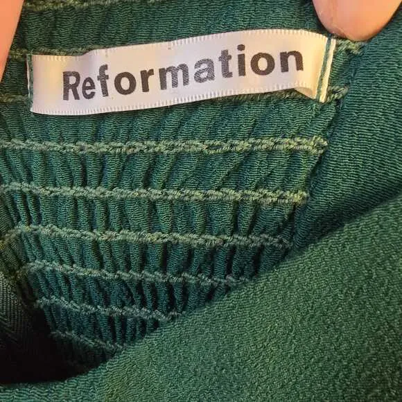 Reformation Squared Neck Puff Sleeve Midi Dress Sz 2 Green Slit Elegant Classic