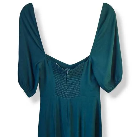 Reformation Squared Neck Puff Sleeve Midi Dress Sz 2 Green Slit Elegant Classic