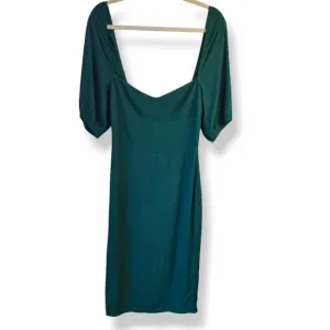 Reformation Squared Neck Puff Sleeve Midi Dress Sz 2 Green Slit Elegant Classic