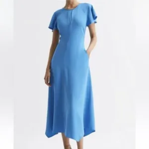REISS Eleni Cap Sleeve Midi Dress Womens Size 4 Blue Backless NEW