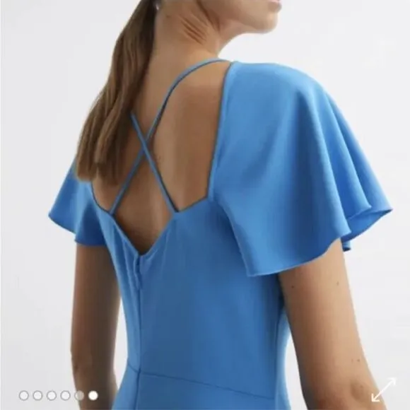 REISS Eleni Cap Sleeve Midi Dress Womens Size 4 Blue Backless NEW