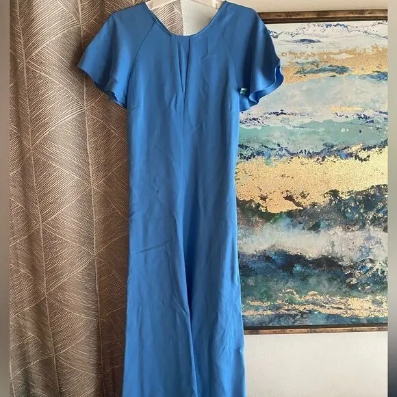 REISS Eleni Cap Sleeve Midi Dress Womens Size 4 Blue Backless NEW