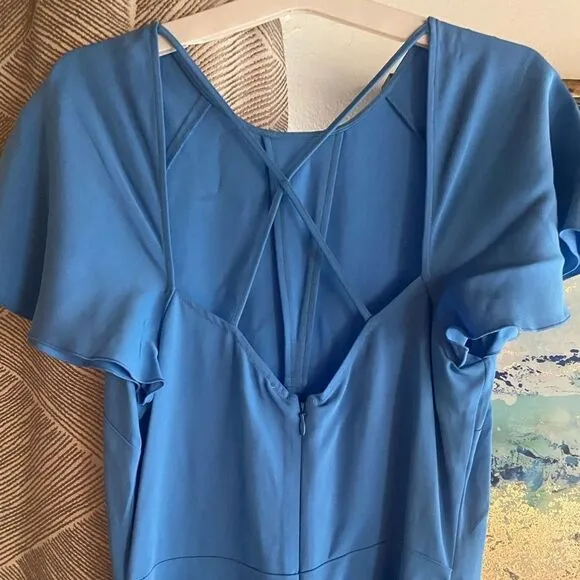 REISS Eleni Cap Sleeve Midi Dress Womens Size 4 Blue Backless NEW