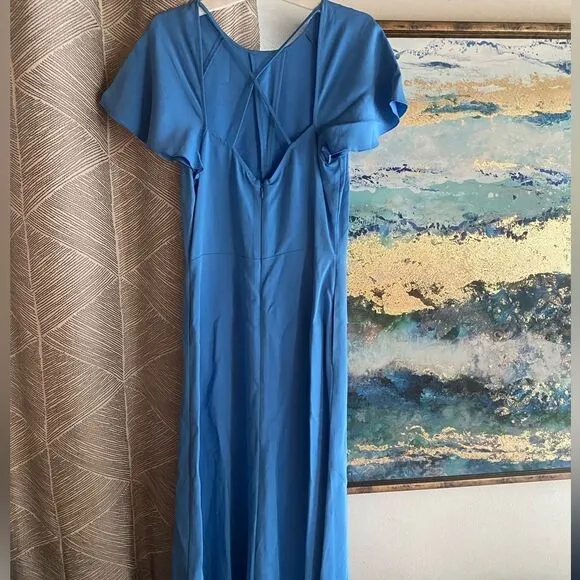 REISS Eleni Cap Sleeve Midi Dress Womens Size 4 Blue Backless NEW