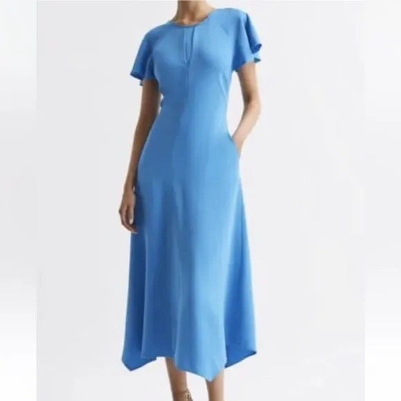 REISS Eleni Cap Sleeve Midi Dress Womens Size 4 Blue Backless NEW