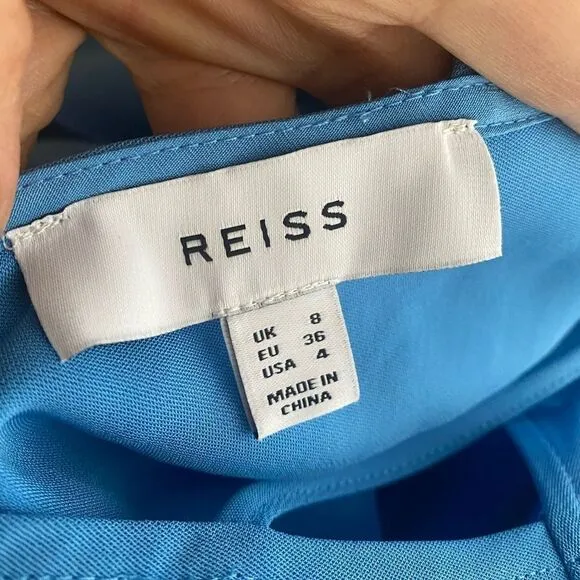 REISS Eleni Cap Sleeve Midi Dress Womens Size 4 Blue Backless NEW