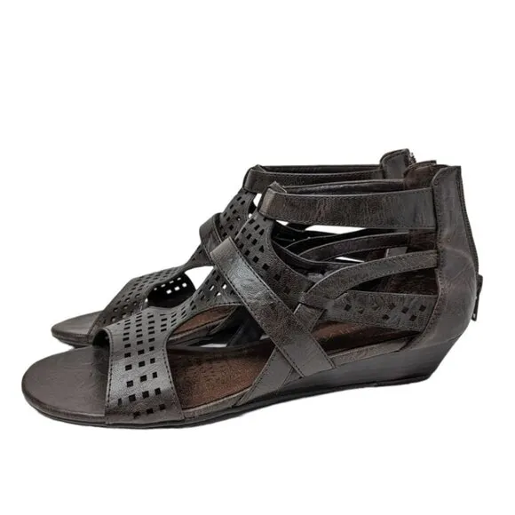 Relativity Open Toe Gladiator Grey Pewter Wedge Sandals Shoes Back Zipper Size 8
